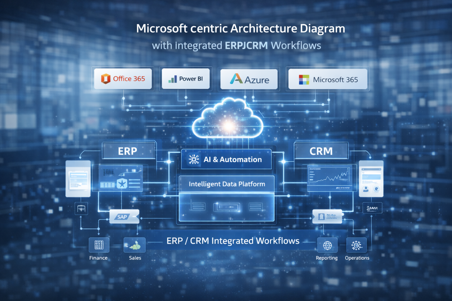 Microsoft-centric architecture diagram with integrated ERP/CRM workflows