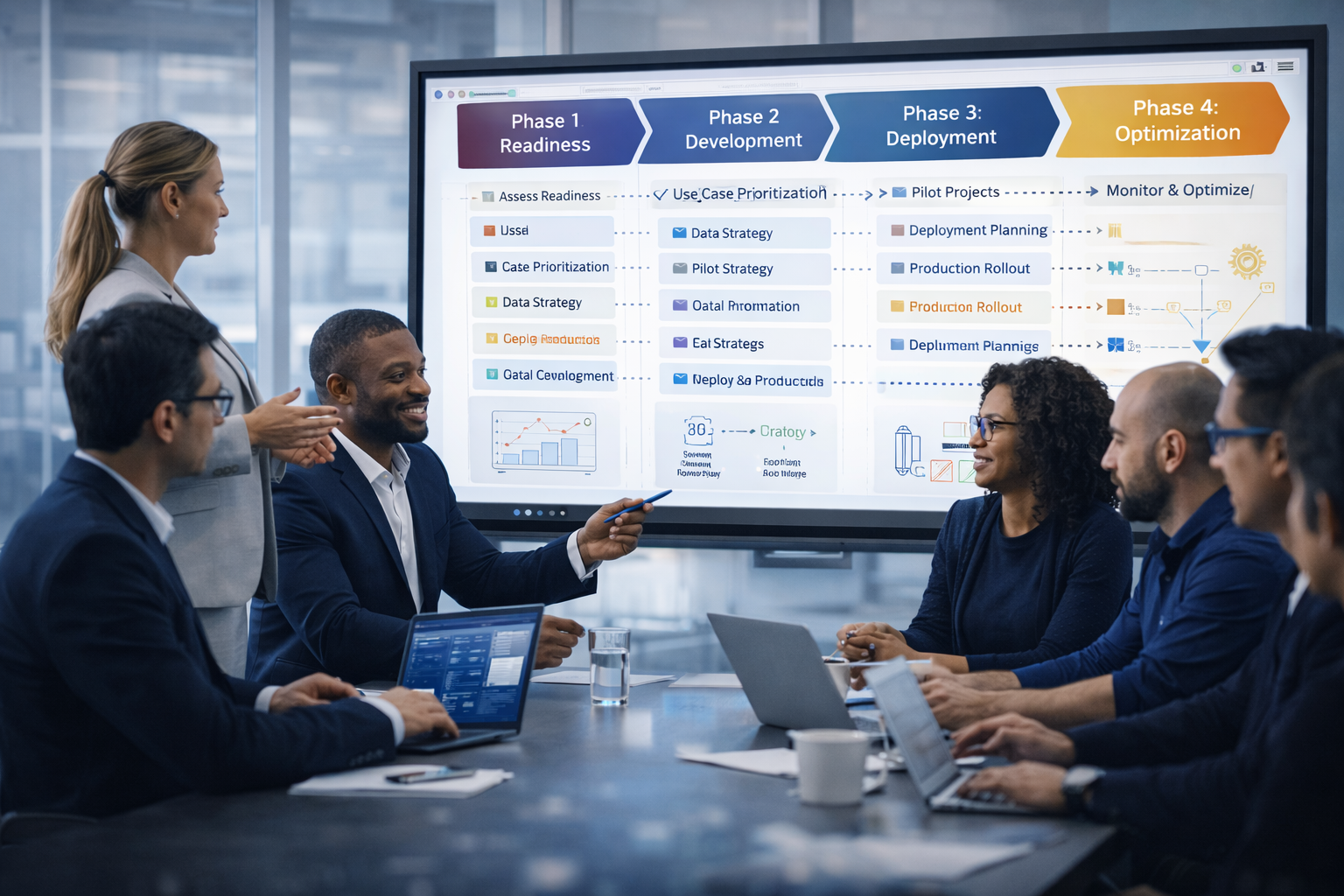 Cross-functional collaboration scene with architecture planning and delivery milestones