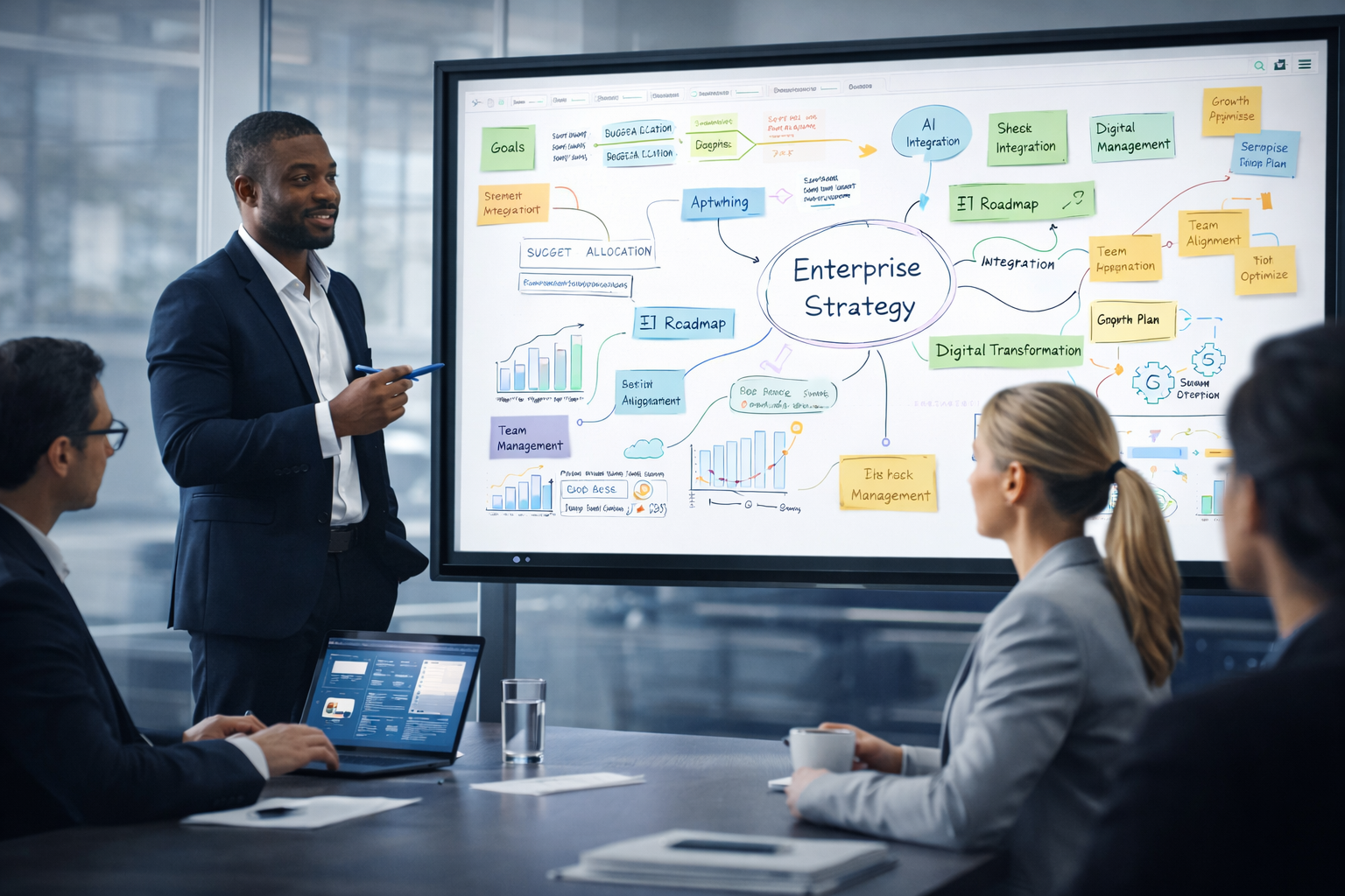 Executive workshop with enterprise strategy planning and digital whiteboarding